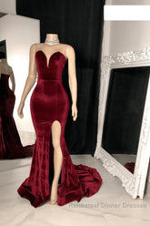 Sexy Burgundy Velvet Wedding Guest Dress V Neck Mermaid Semi Formal Prom Dresses